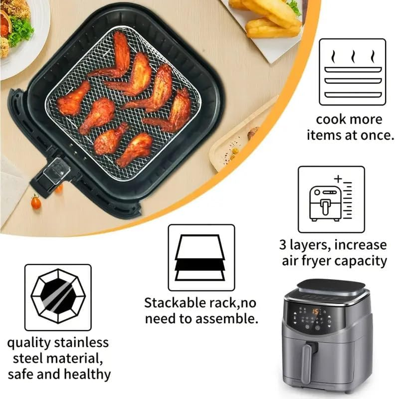 AIMALL 3-Piece Air Fryer Grill Rack &ndash; Food Grade 304 Stainless Steel, Multi-Layer Stackable Mesh Tray for Round, Square, and Rectangular Air Fryers image number 4