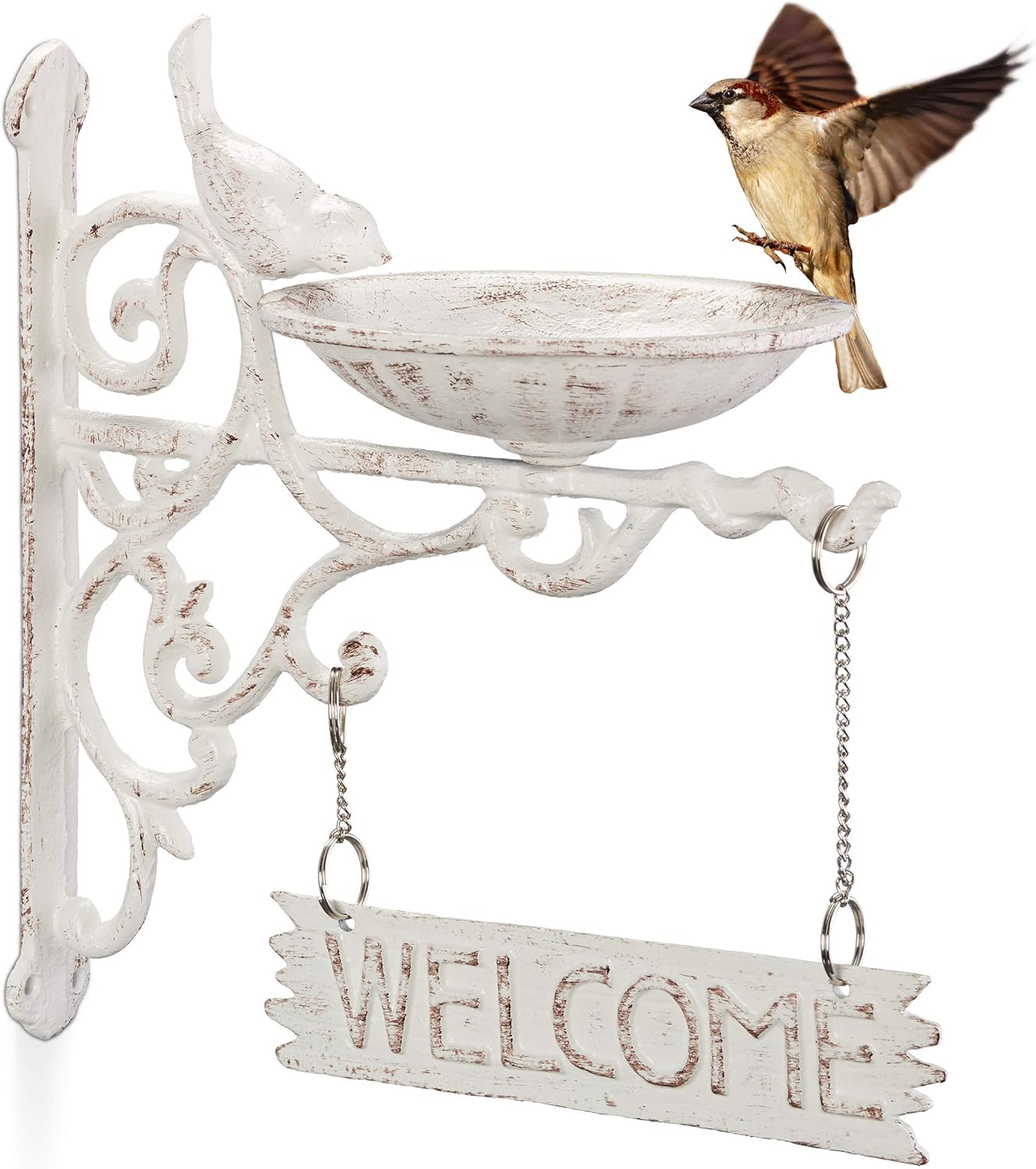 Relaxdays, Brown Cast Iron Hanging Bath with Welcome Sign, Garden Decor, Feeding Bowl, Font for Wild Birds