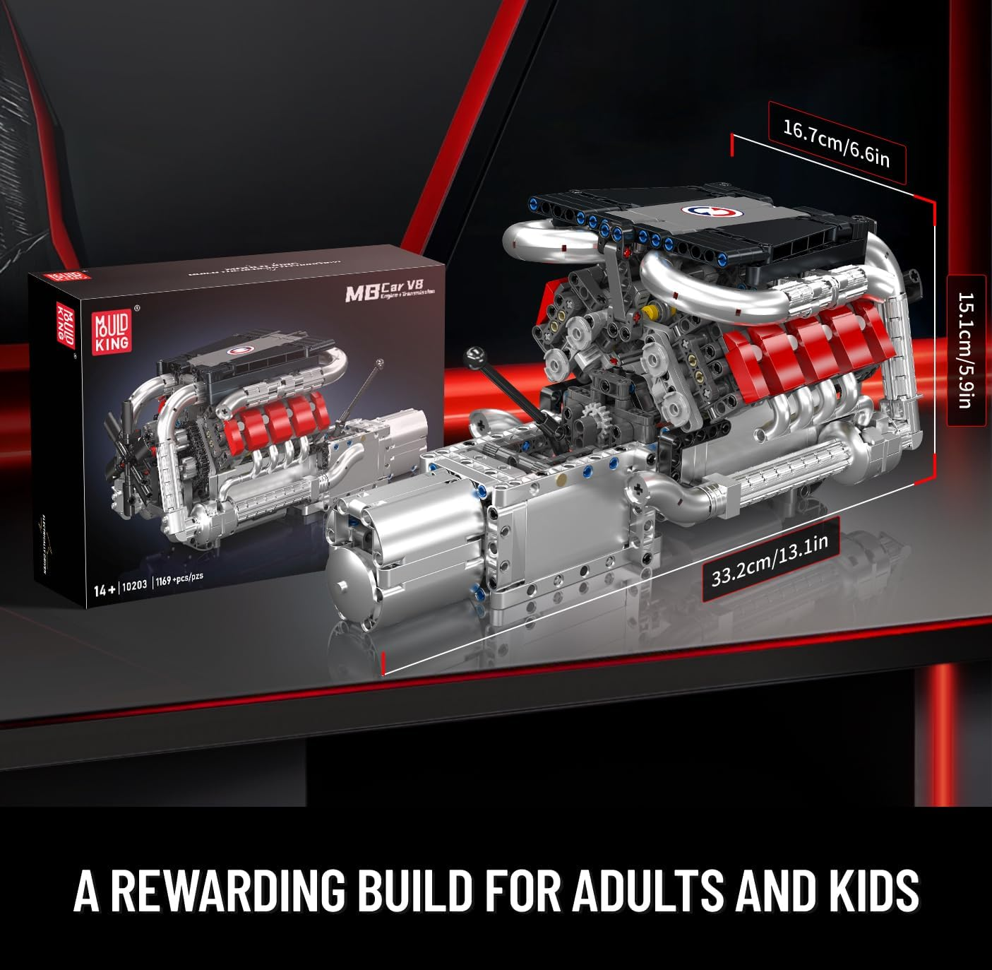 Mould King 10203 Technik V8 Engine Building Blocks Sets - Build Your Own V8 Engine with Gearbox for Adults, Car Engine Building Engineering Toys for Kids/Adults Collections(1169+ Pieces) image number 5
