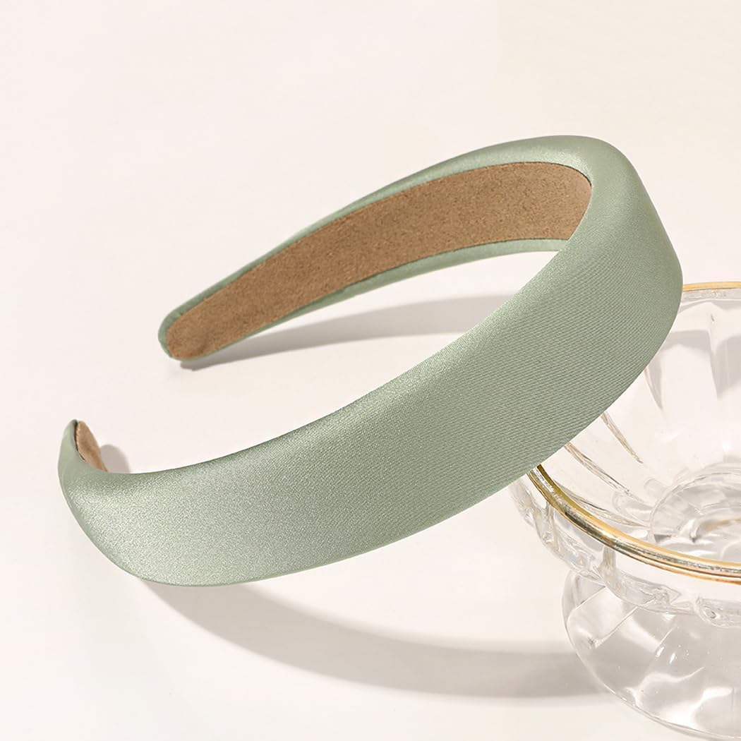 1.2 Inch Wide Solid Colors Padded Headband with No Teeth Hair Bands Non Slip Fashion DIY Satin Sponge Head Band for Women and Girls(Green)