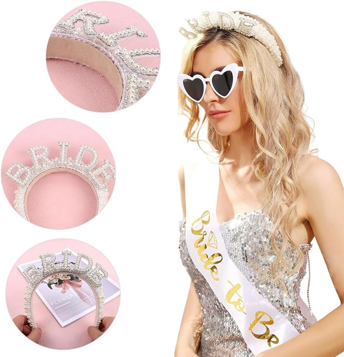 Bride Wedding Accessory Set Bride to Be Decoration Bride Beads Headband Bride Headband Heart Sunglasses Heart Glasses Pearl Bachelorette Party Women Bride to Be Accessories Bridal Bachelorette Party image number 5