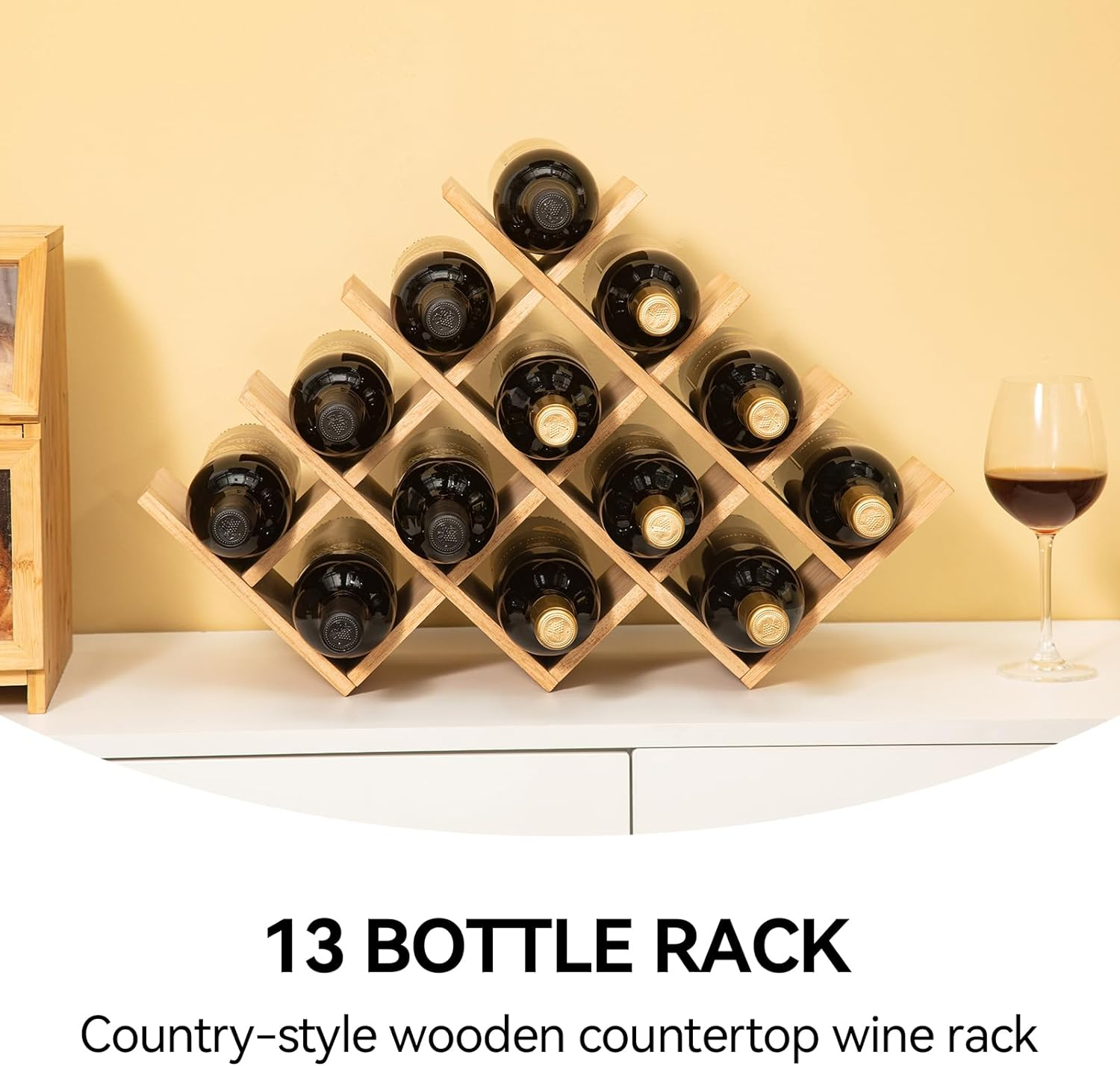 KIRIGEN Wooden 13-Bottle Wine Rack - Nature Wood 4-Tier Wine Display Rack/Free Standing and Countertop Storage Shelf - Bottle Holder/Cabinet Glass XHJJ4-NA image number 4