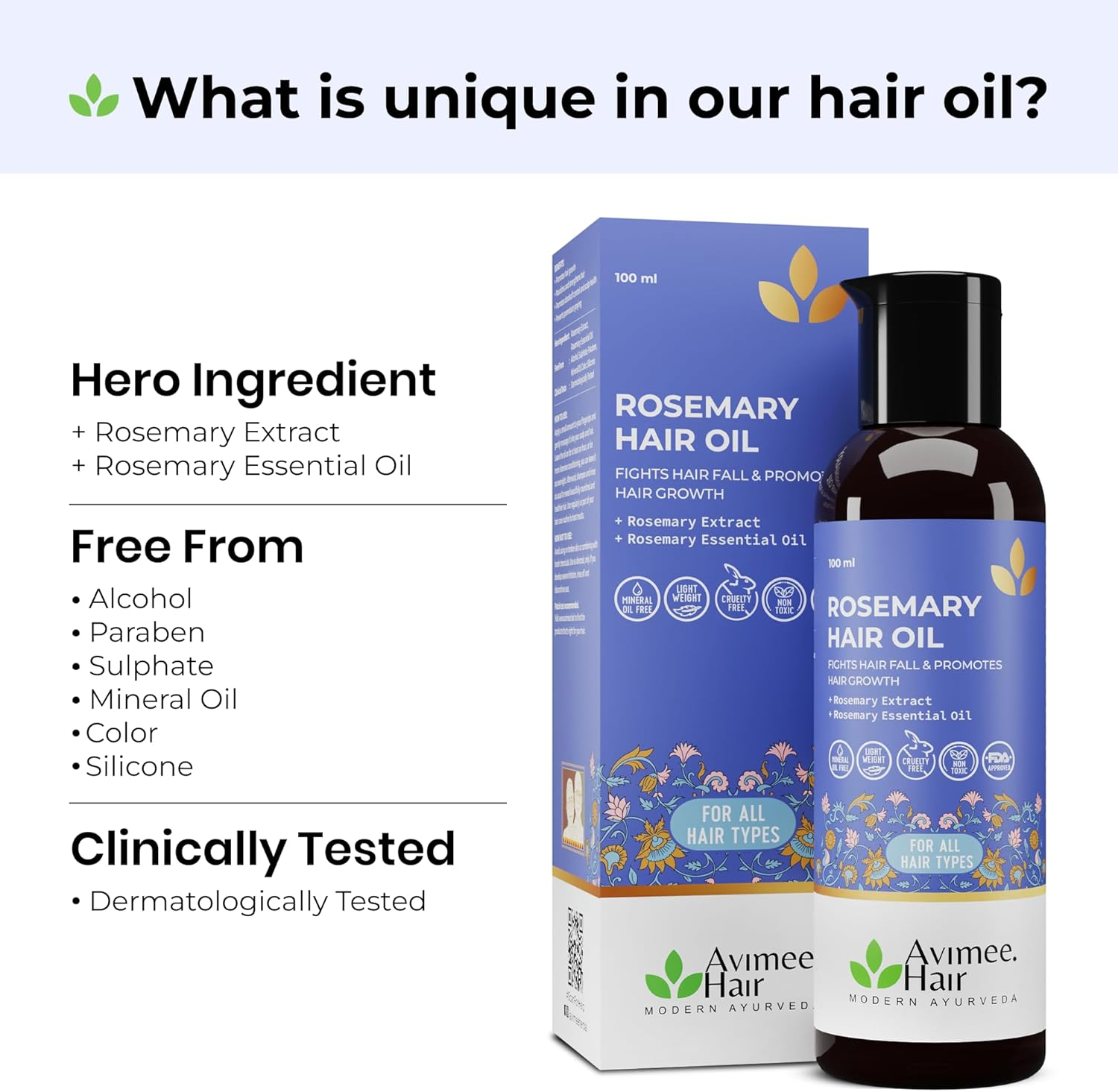 AVIMEE Herbalrosemary Hair Oil | for Hair Growth, Hair Fall Control and Dandruff | 100% Pure & Natural | Mineral Oil Free | 100Ml image number 3