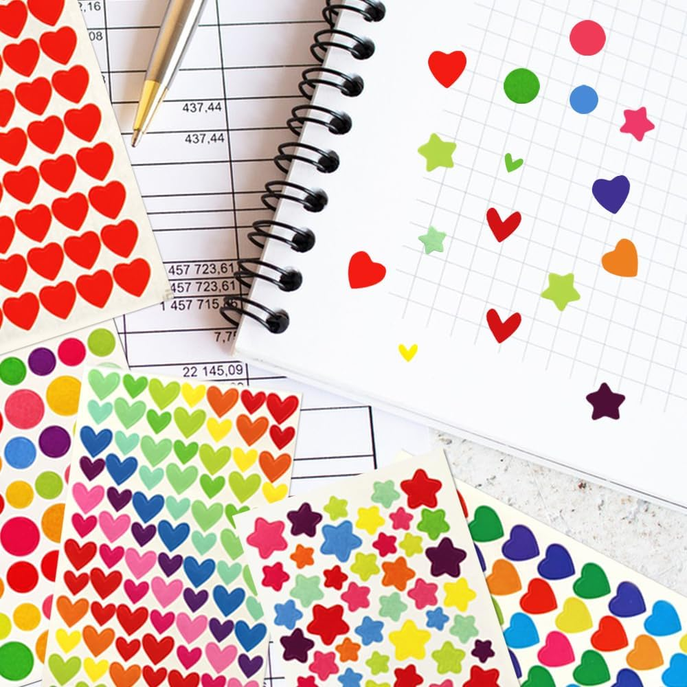 3000 Pcs Cute Colorful Dot Heart and Star Shape Self Adhesive Sticker Sheets, for Scrapbooking, Label, Packaging and Art Craft Supplies（50 Sheets） image number 1
