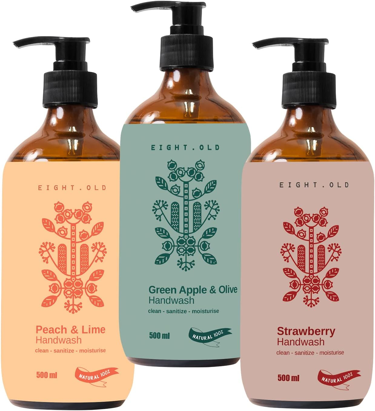 Everyday Essentials Natural Care Liquid Hand Soap| Strawberry| Peach Apple Lime| Green Apple Olive| Moisturizing Hand Wash for Kitchen and Bathroom- Pack of 3 image number 2