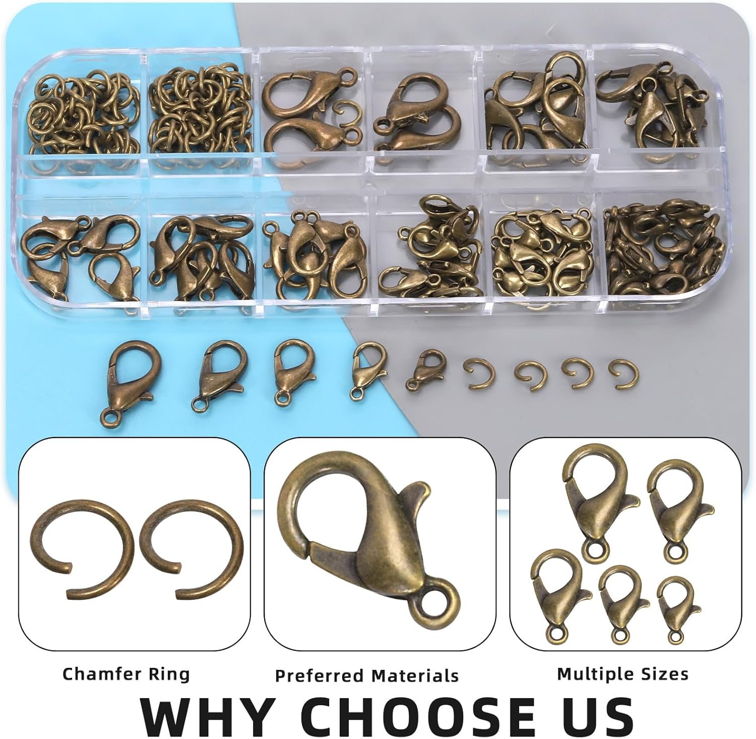 Glarks 170Pcs Bronze Lobster Claw Clasp with Open Jump Rings Kit 10Mm 12Mm 14Mm 16Mm 18Mm Necklace Clasps for Bracelet Necklace Jewelry Making