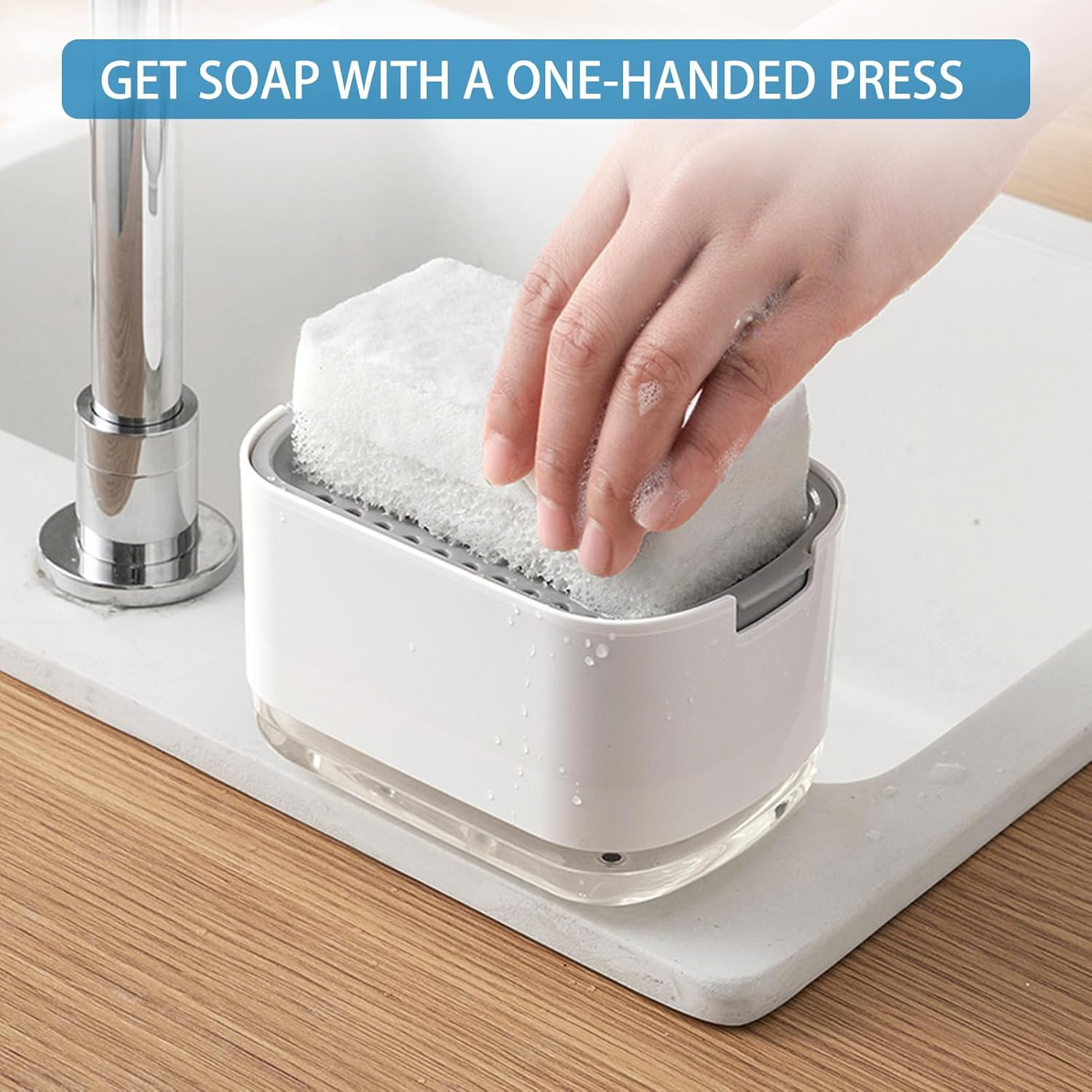 RUFCRIL Soap Pump Dispenser and Sponge Holder, 10 Ounces / 300Ml Dish Soap Dispenser for Kitchen,White - White image number 4