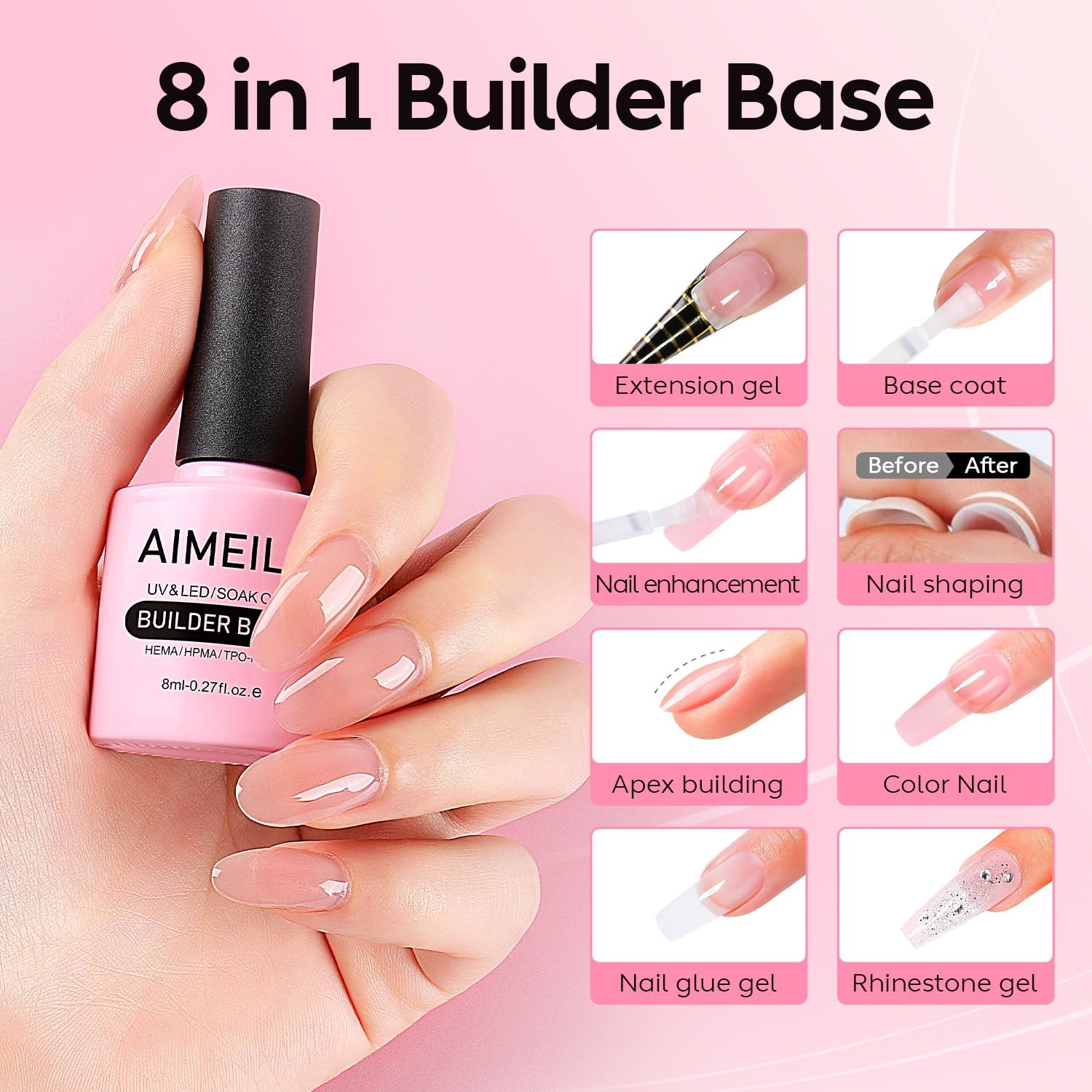 AIMEILI 8 in 1 Builder Nail Gel Set, 6Pcs Sheer Color Hard Gel Builder Base Nail Strengthening Gel Nail Extension False Nail Tips Glue Gel in a Bottle, UV LED Gel Polish 8ML Kit 37 image number 5
