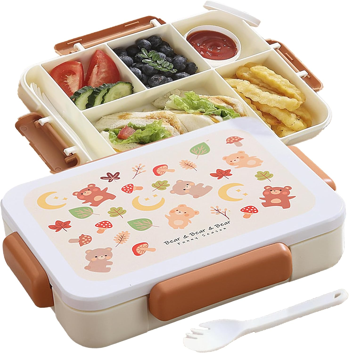 STRONGBERRY Kids Lunch Box, Healthy and Microwave - Safe, Dinosaur Parade, Purple Unicorn, Brown Bear Designs (Brown Little Bear) image number 4