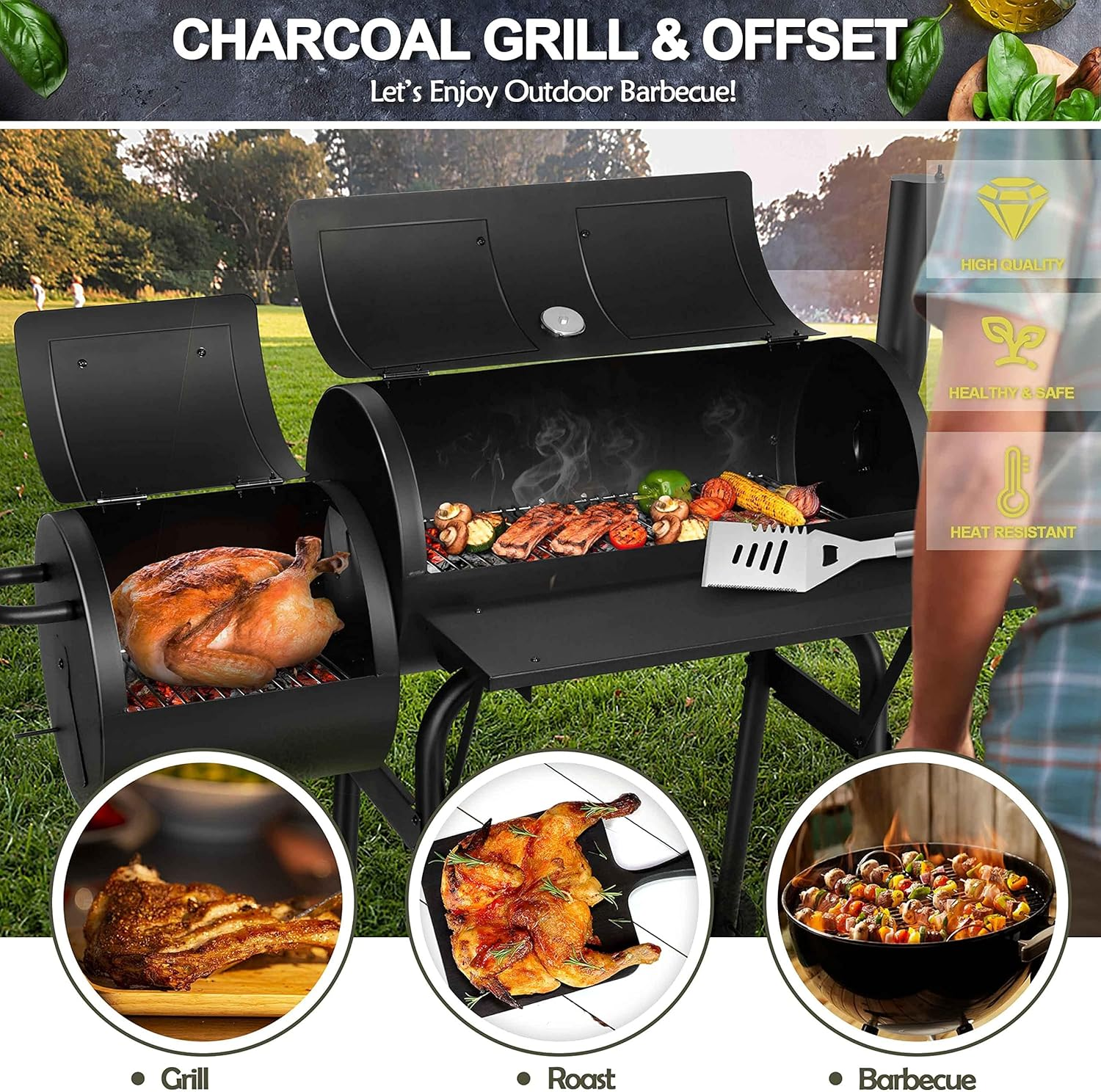 Charcoal Grills Outdoor BBQ Grill, Barrel Charcoal Grill with Side Table, with Nearly 438 Sq.In. Cooking Area, Cooking Space for 6-10 People, Ideal for Camping and Backyard BBQ image number 4