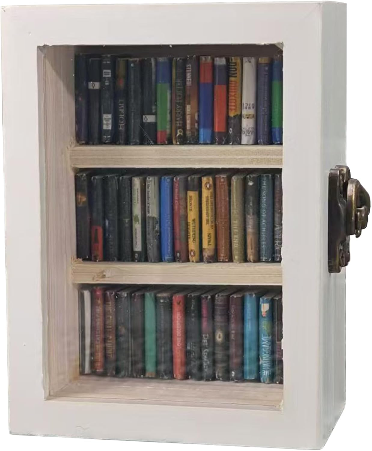 Miniature Book Library Decoration, Pocket Anxiety Bookshelf with 60 Mini Books, Handmade Antique Style Storage Display (Brown)