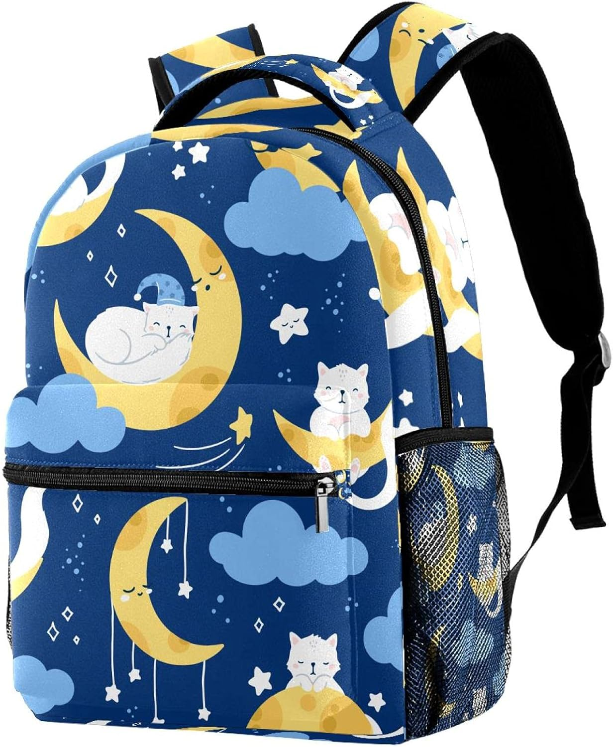 White Cat Sleeping on a Moon Starry Night Sky Backpack Students Shoulder Bags Travel Bag College School Tote Backpacks