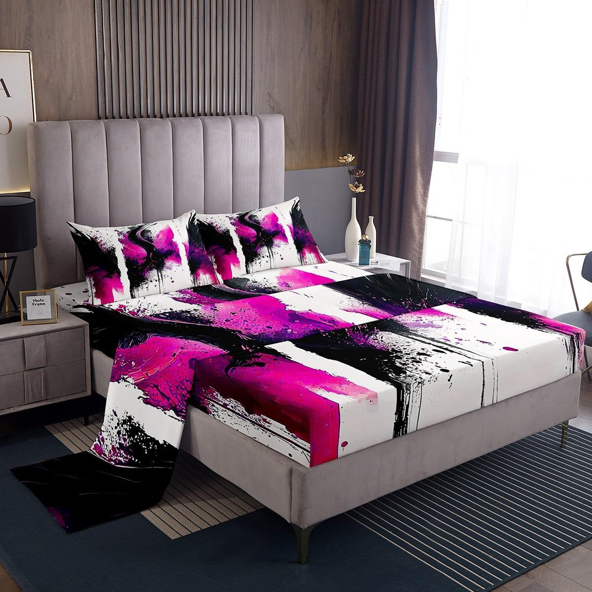 Jejeloiu Black, White and Rose Red Abstract Art Kids Bed Sheets Set,Boys Girls Twin Size,Splash Ink Pattern Fitted Sheet,Abstract Luxury Microfiber Bedding Set,Modern Art Bedding Collection image number 3