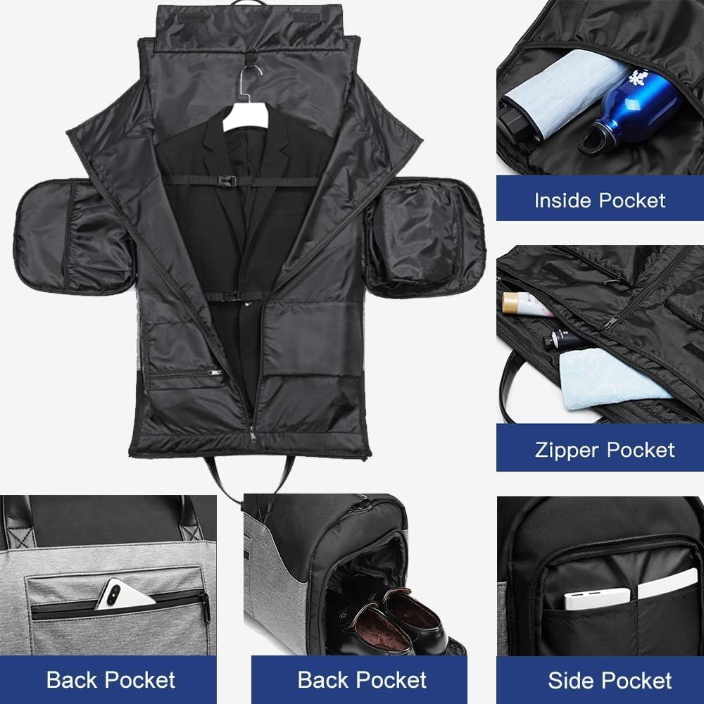 ABDULWEN 4-In-1 Convertible Garment Bag with Shoe Compartment, Carry on Travel Suit Bag Waterproof Duffel Weekender Bag for Men & Women, Grey image number 4