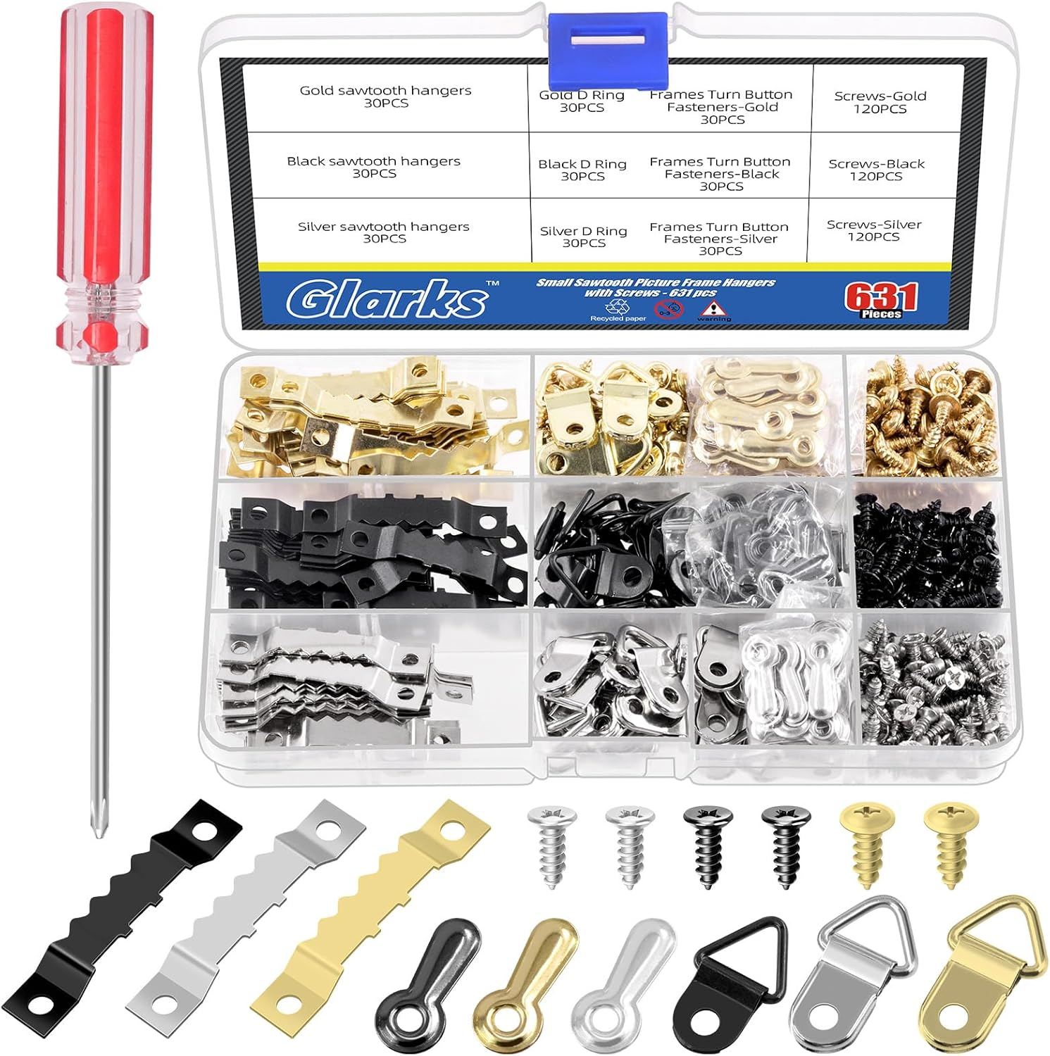 Glarks 401Pcs Silver Picture Hanging Kit, Include 50Pcs Sawtooth Picture Frame Hangers, 50Pcs Frame Turn Buttons, 50Pcs D Ring Picture Hangers, 250Pcs Screws and 1Pcs Screwdriver for Hanging Photo