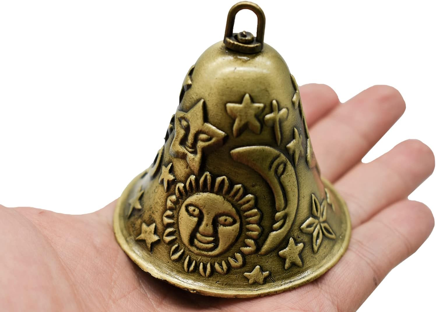 Pinenjoy 2Pcs Feng Shui Bell Carved Sun Star Moon Pattern Vintage Bronze Bell 2.64X2.36Inch Temple Wind Chime for Home Garden Door Good Luck Bless Hanging Decors