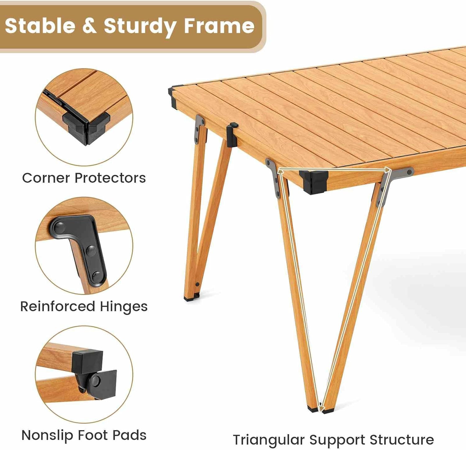 Costway Folding Camping Table, Picnic Table W/Storage Bag and Waterproof Desktop, Light Weight Roll-Up Desk with Aluminum Structure, Available for Both Outdoor & Indoor, 80Kg Load Capacity (Brown) image number 2