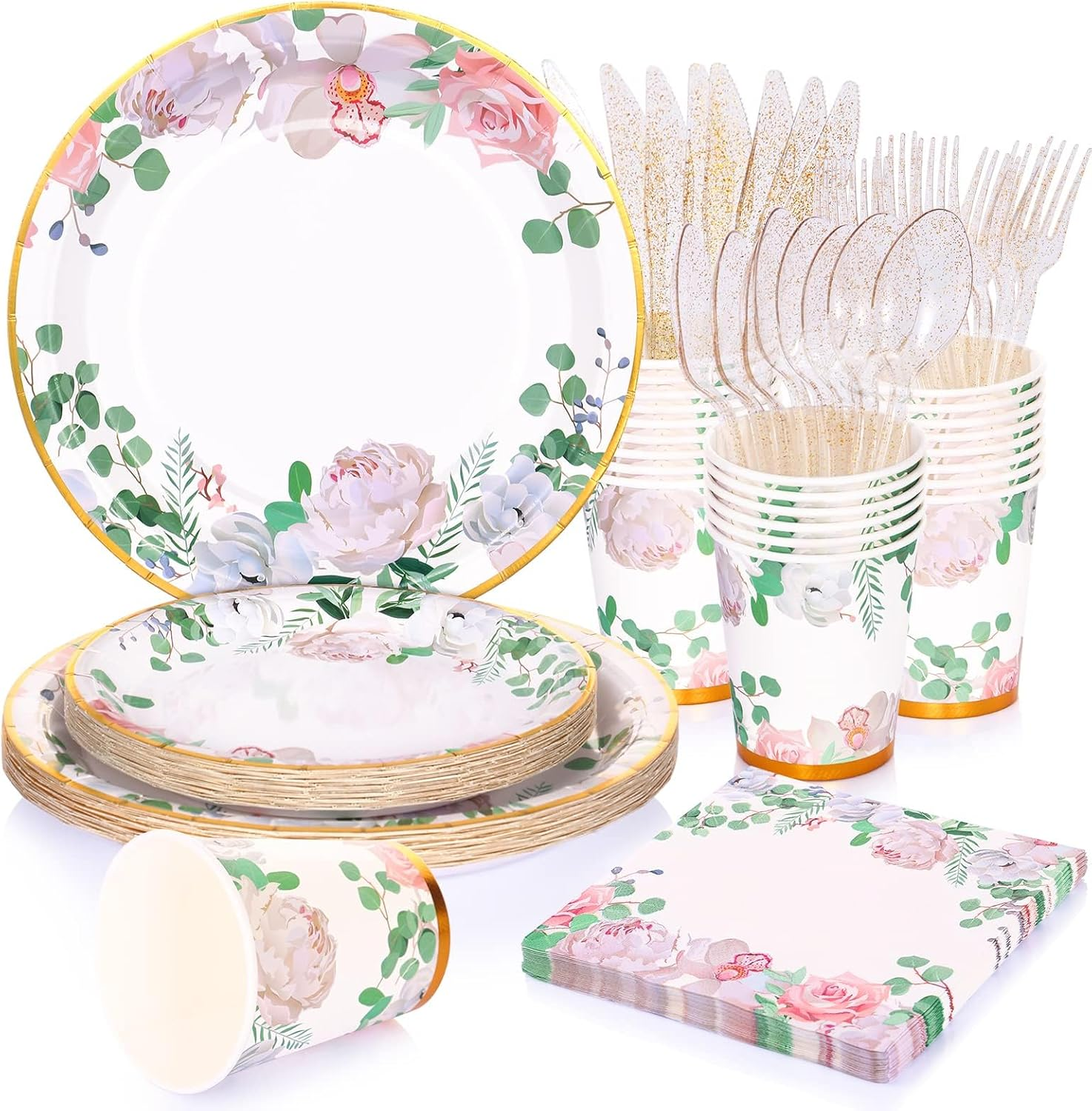 175 Pcs Floral Party Decorations - Bridal Shower Plates & Disposable Tableware Set for 25 Guests - Tea Party Themed Decorations, Paper Plates, Cups & Napkins for Baby Shower, Birthday, Wedding(Floral) image number 1