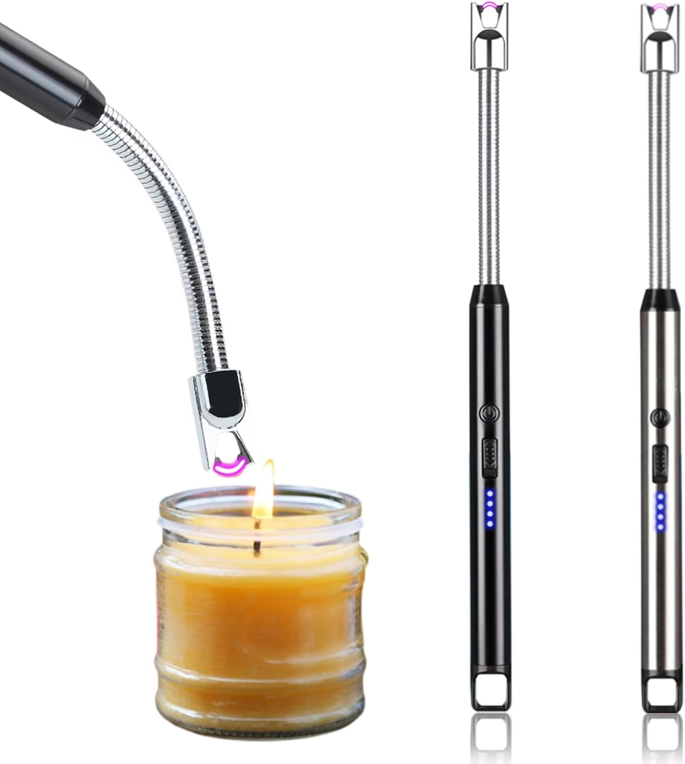 Electric Lighter, 2 Pack of USB Rechargeable Candle Lighter with Flexible Neck, 8.1-Inch Arc Lighter with LED Battery Indicator and Safety Switch for Candle, Kitchen,Grill,Camping (Black+Silver)
