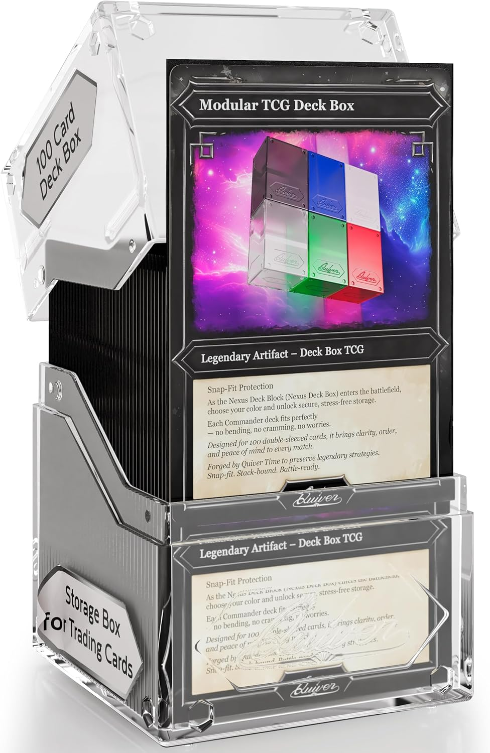 Quiver Time 360&deg; Modular Nexus Deckblock - Durable Stackable MTG Deck Box for Commander Fits 100+ Cards | Stylish 100 Card Deck Box MTG | Interchangeable TCG Decks Boxes (1 Pcs, Clear) image number 6