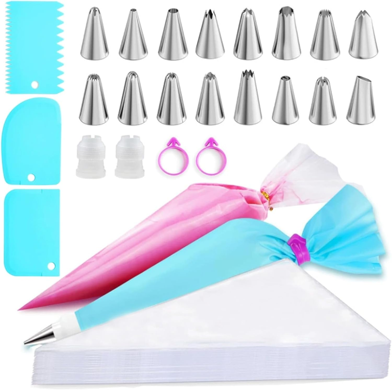 Piping Bags and Nozzles Set of 124 Pcs 100 anti Burst Piping Bags, Cake Decorating Kit with 16 Piping Tips, 1 Pastry Bags, 3 Cake Scrapers, 2 Couplers, and 2 Icing Bags Ties for Decorating Cakes image number 3