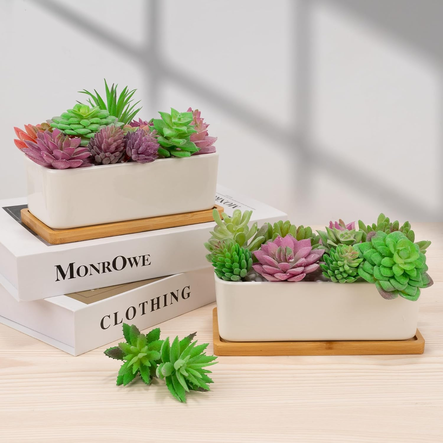 2 PCS Succulent Pot Cactus Containers White Ceramic Planter with Drainage Hole and Removable Tray Small Plant Pots for Home Office Decor Bonsai Container for Indoor Outdoor Plants (Rectangle) image number 5