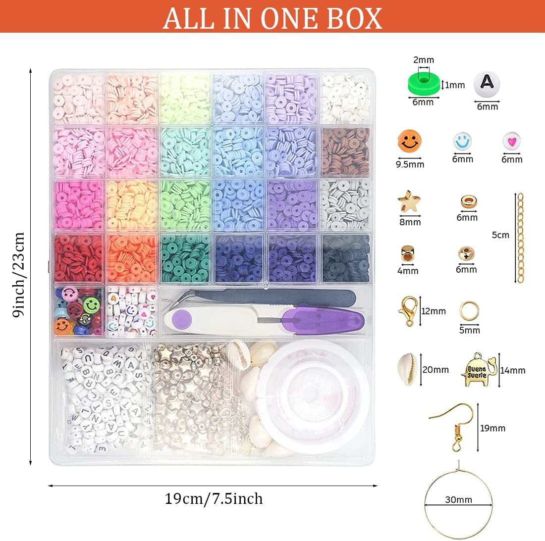 6000 PCS Clay Beads for Bracelet Making,24 Colors 6Mm Flat round Polymer Clay Beads with Pendant Charms Kit Letter Beads and Elastic Strings for Jewelry Making Kit & Craft Supplies - Type B image number 5