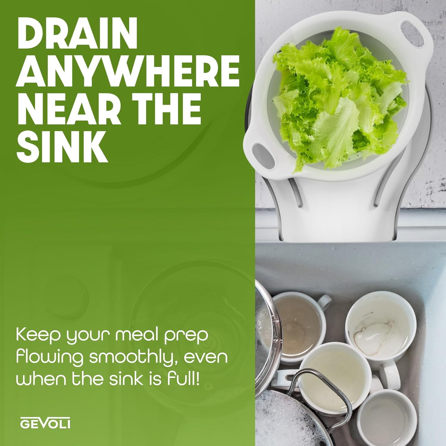 Gevoli Collapsible Colanders (3 Pack Set) Food Strainers with Over-Sink Water Draining Base for Pasta Fruits and Vegetables, White (3 Sizes, 3QT, 4QT and 5 Quart) image number 2