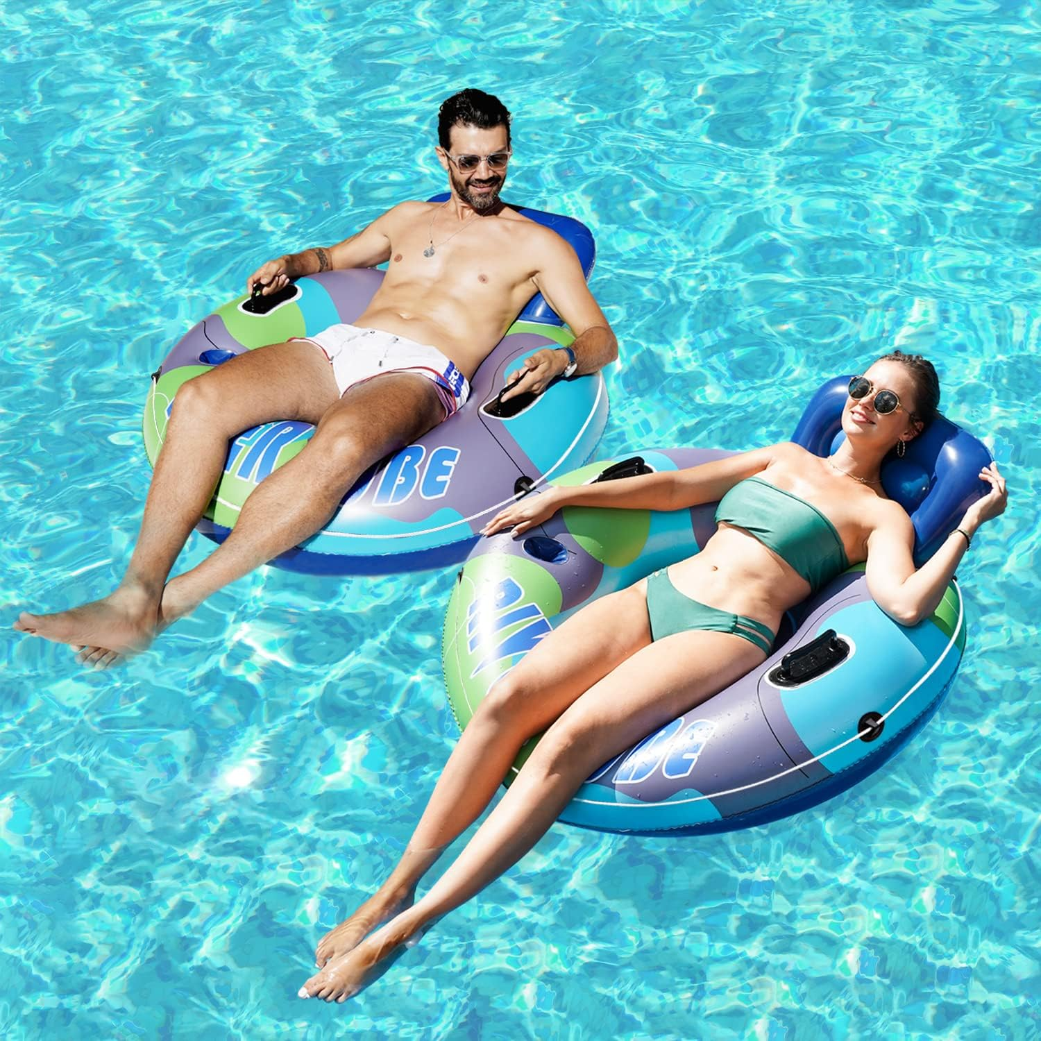 Finduwill Inflatable Pool Floats Chair - Large Pool Floaties River Tubes Water Chair Lounger for Adults with Mesh Bottom, Backrest, Cup Holder, Tubes for Floating River
