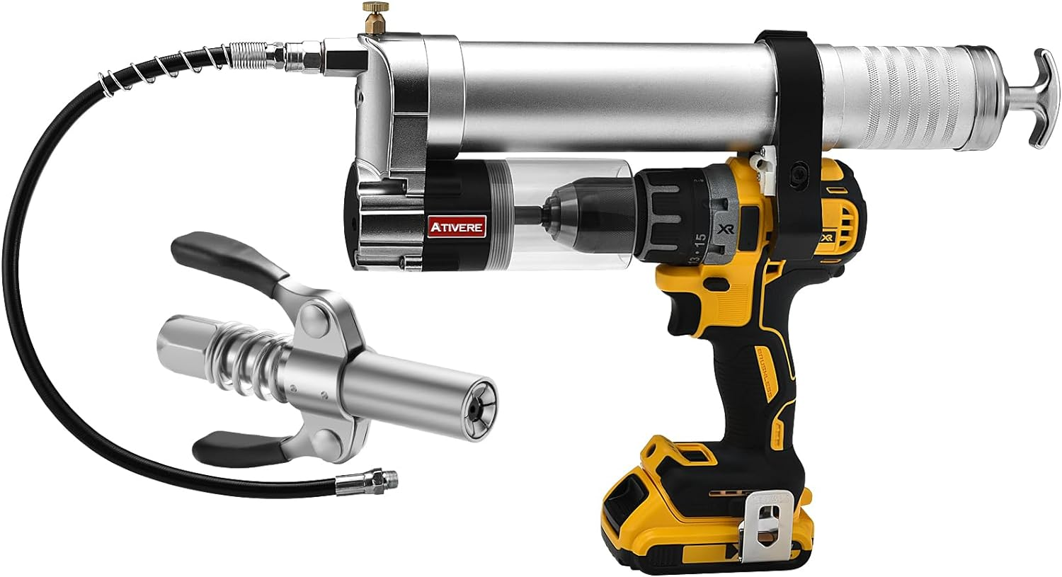 Electric Grease Gun Drill Adapter with 14 OZ Load, Locking Grease Gun Coupler, 12 Inch High Pressure Hose, Extension Rigid Pipe, Pneumatic Tool, Universal Conversion Gun Head