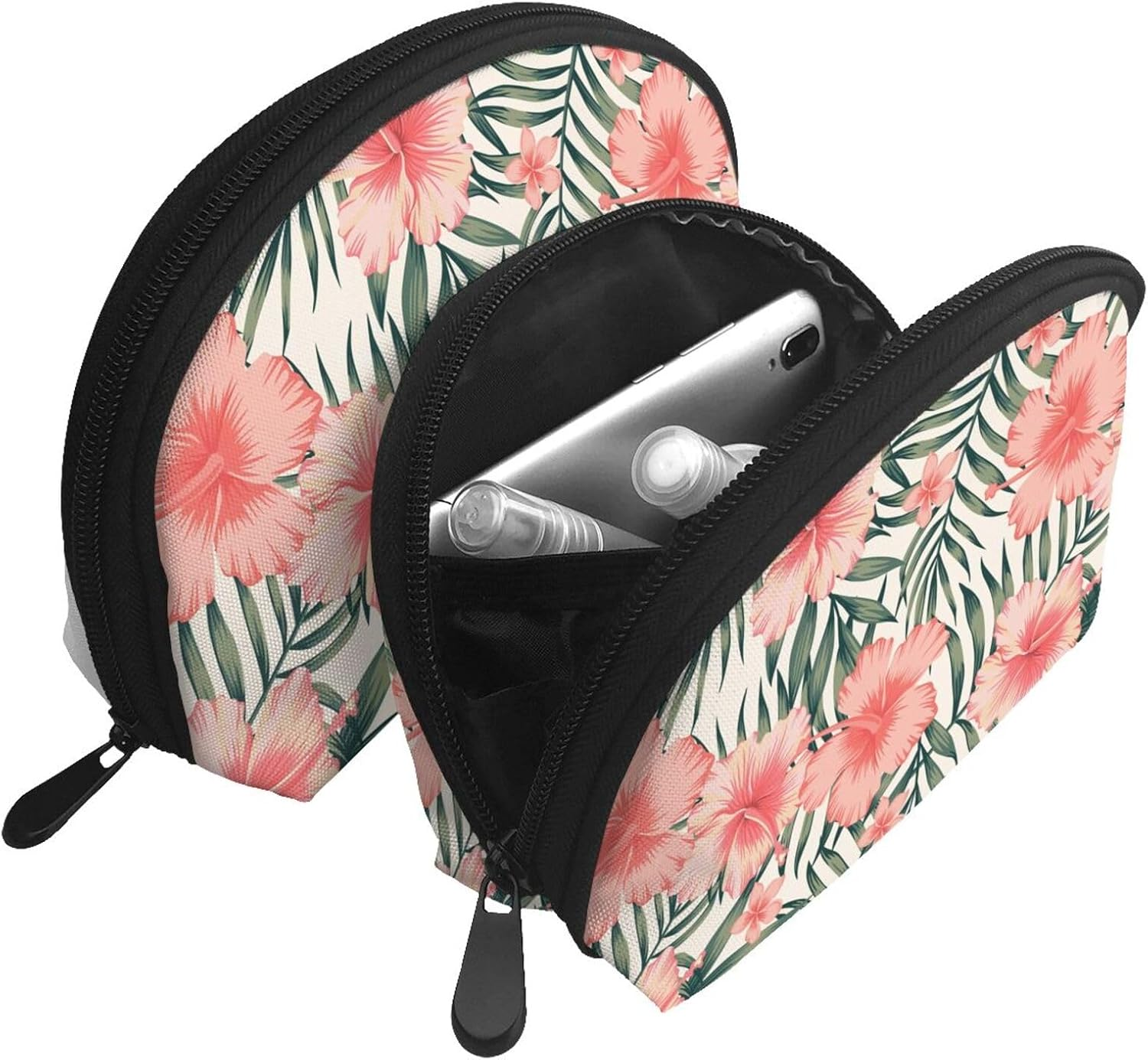 Cozimangoe Coin Pouch Makeup Bags Set, 2 Piece Shell Shape Cosmetic Bag with Pockets for Daily Travel Handbag Lipstick Keys Toiletry, Personalized Hibiscus image number 4