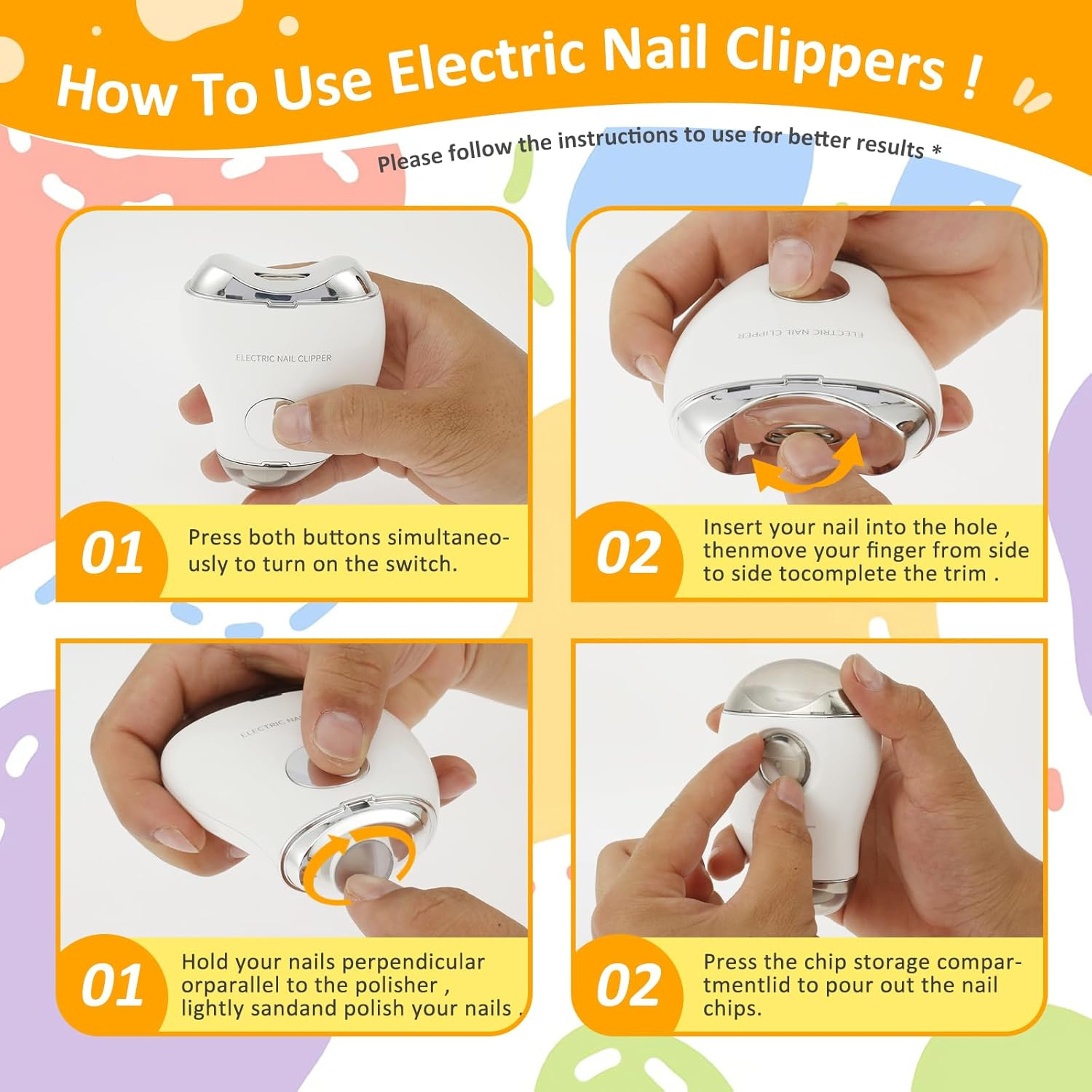 Electric Nail Clipper, 3 Speeds Levels Electric Nail Trimmer with Nail Clip Storage Rechargeable Automatic Nail Clipper Portable Electric Fingernail Cutter Safety Fingernail Trimmer for Adult Kids (White)