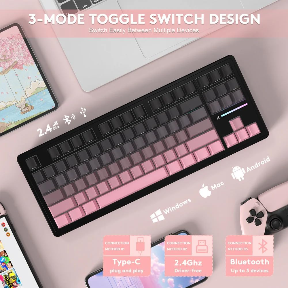 ATTACK SHARK M87 PRO Wireless Mechanical Gaming Keyboard,Hot Swappable Gasket RGB Custom Keyboard,Linear Switch&Side Printed PBT Keycaps,Bt5.0/2.4Ghz/Type-C,5000Mah Battery for Win Mac(Blackberry) - Moonlight image number 2