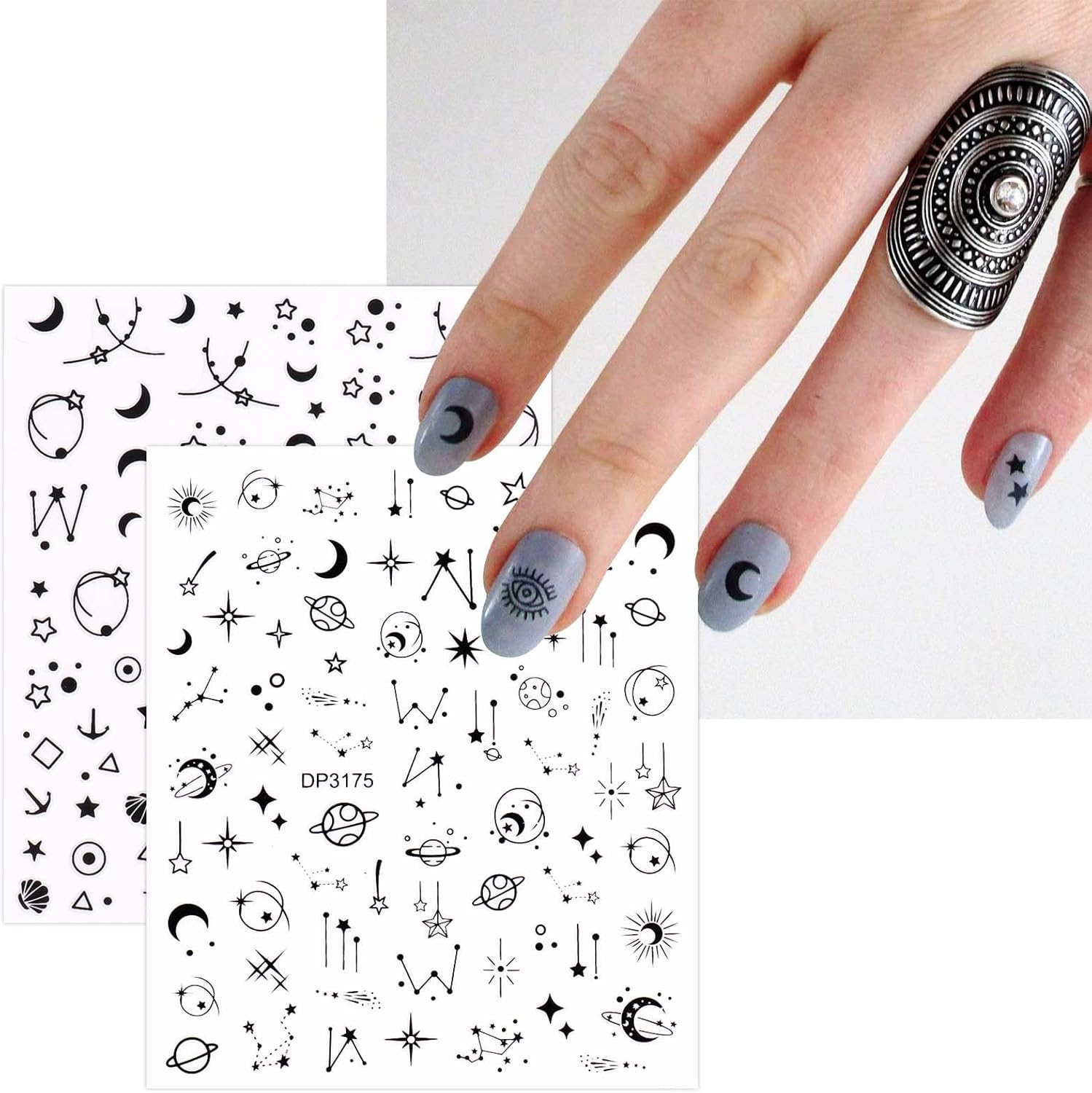 12 Sheets Black Metallic Geometric Line Nail Art Stickers Decals Self Adhesive Pegatinas Para U&ntilde;as Star Moon Love Heart Smiley Patterns DIY Design Nail Decoration for Women Girls - Black,Gold image number 3