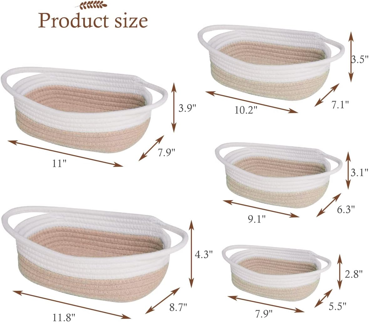 5-Piece Rectangle Storage Basket Set, Cotton Rope Woven Baskets Bins with Handles for Montessori, Baby Nursery, Dog Toy Baskets, Cat Toy Box, Bathroom Organization Bin (Rectangle, Brown) image number 3