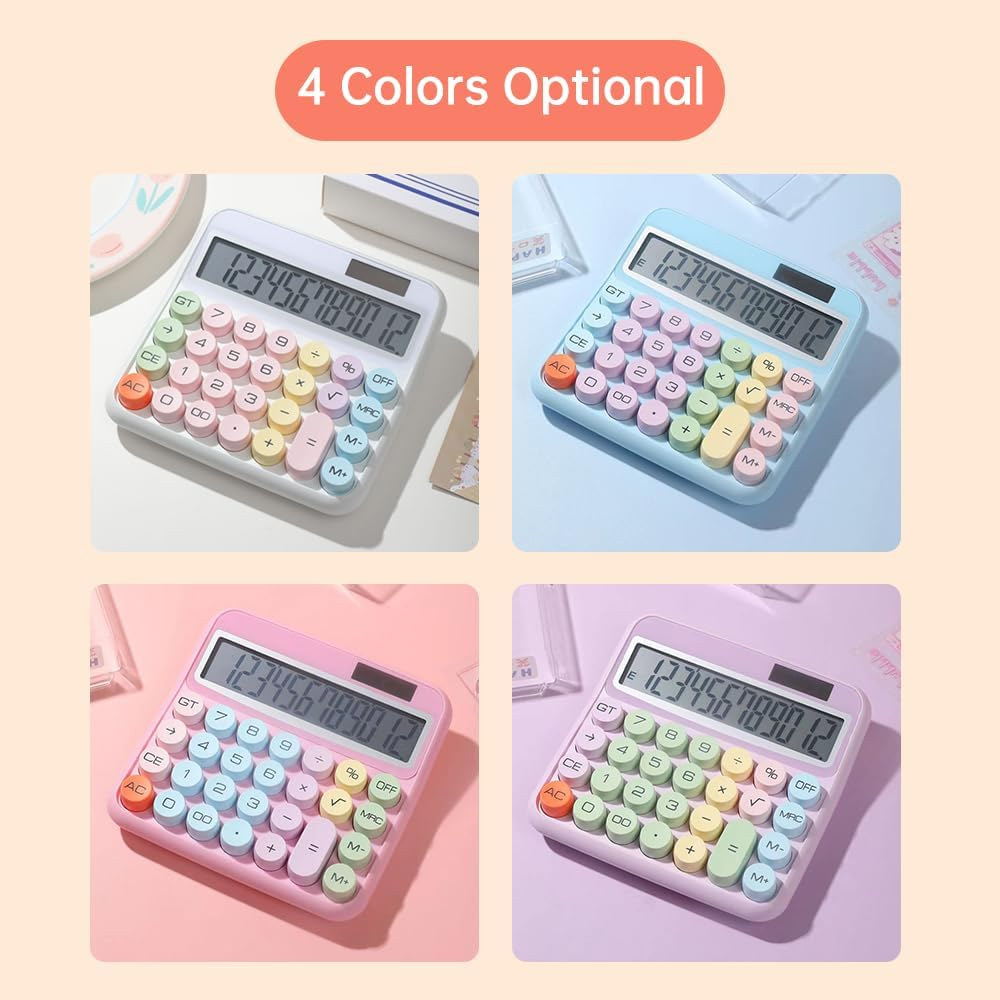 Mechanical Calculator 12 Digit Large LCD Display Big round Button 15&deg;Tilt Screen Cute Candy Colored Dual Power Supply Calculator Suitable for Office School Home for Students Accountant Purple image number 1