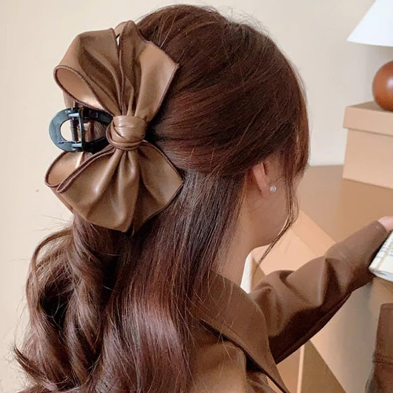 BSLVWG Hair Claws with Bow Black Leather Large Hair Bows for Women Brown Large Hair Clips Non-Slip Strong Hold Hair Accessories for Thin Medium Thick Stylish Hair Clips image number 2