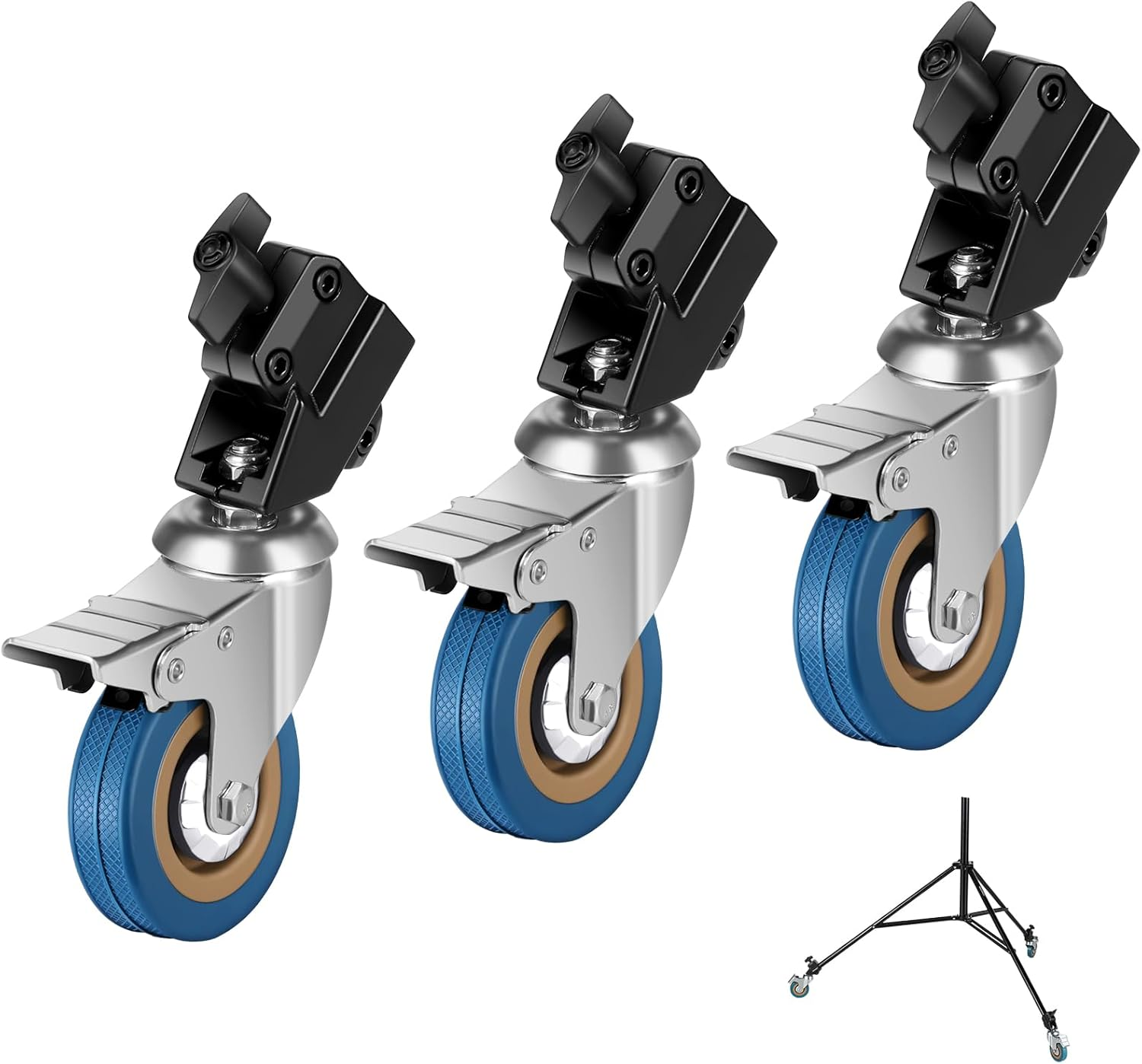 NEEWER 3 Pack Professional Swivel Caster Wheels, Nonslip 360&deg; Rotation Rubber Wheel with Rugged Iron Foot Brake Lock Only for Heavy Duty Light Stand with &Oslash;0.9/22Mm Legs, NOT for C Stands, ST001 image number 2