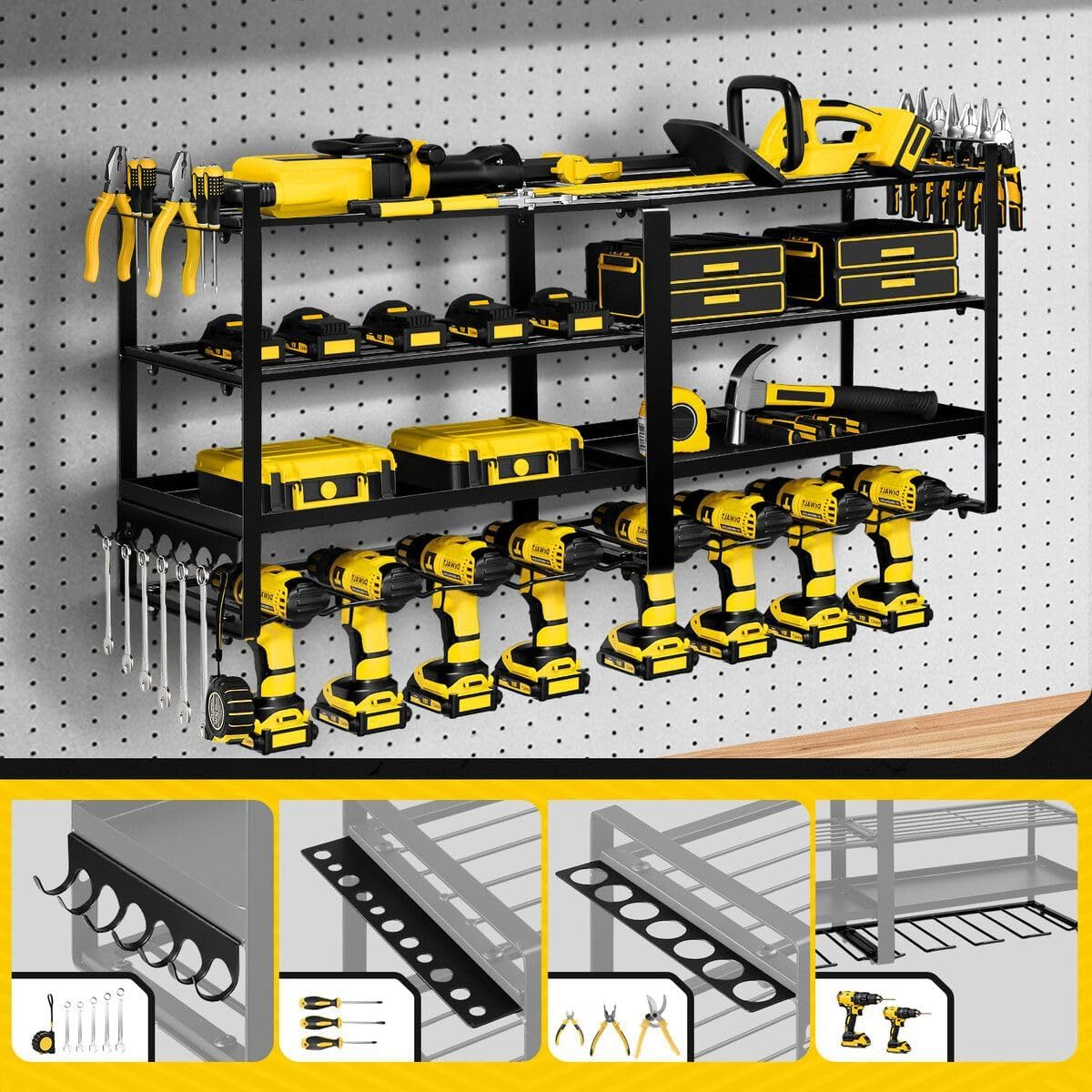 AUSWAY Power Tool Organiser 4 Tier Garage Shelving Unit Wall Mounted Metal Storage Rack Shelves Warehouse Drill Wrench Holder Hanger image number 6