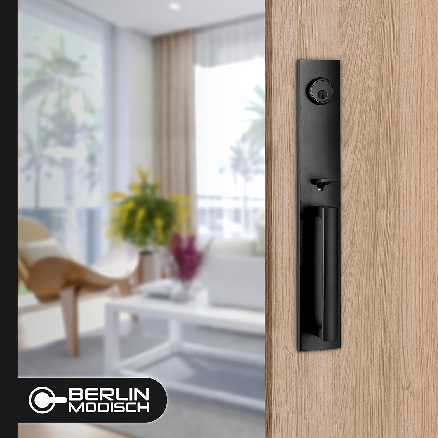 Berlin Modisch Full Escutcheon Handleset Front Door Entry Handle and Deadbolt Lock Set Slim Square Single Cylinder Deadbolt and Lever Heavy Duty &ndash; Iron Black Finish image number 3