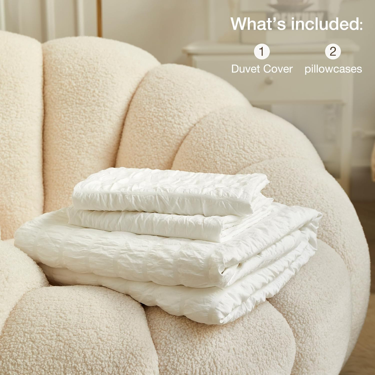 JELLYMONI White Duvet Cover Queen Size, 3Pcs Washed Microfiber Bedding Set, Soft Breathable Seersucker Duvet Cover Set with Zipper Closure and Corner Ties for All Seasons