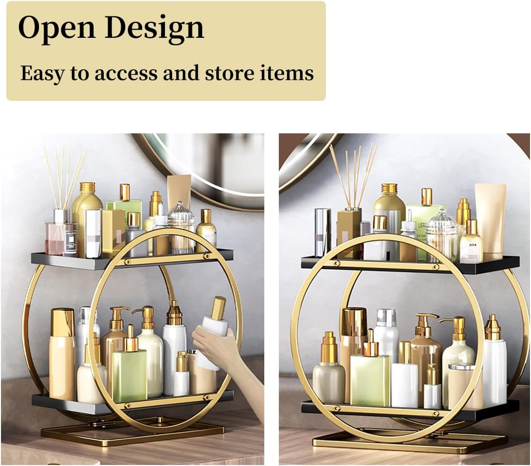 Mfancy Makeup Organiser,High-Capacity Skincare Makeup Storage,Bathroom Counter Organiser Countertop Storage,2Tier Cosmetic Display Tray for Cosmetic, Skin Care,Perfume,Makeup Brushes, Lipsticks(Gold) image number 3