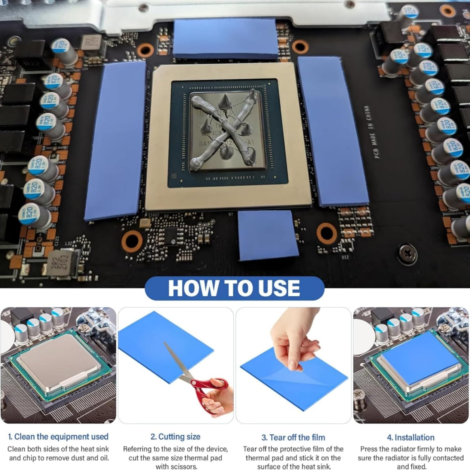 Suytvenxau 4 Pack Thermal Pad 100X100Mm, 0.5Mm-2Mm Thickness, High Temperature Heat Resistant Silicone Grease 6.0W/Mk Thermal Pads for PC, Laptop, CPU, GPU, SSD, IC, LED Cooling