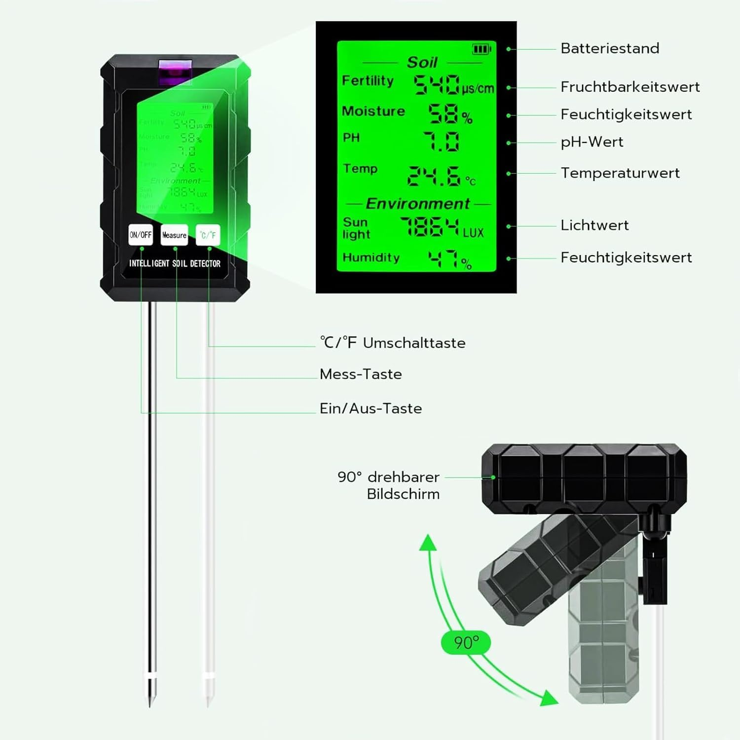 Soil Test Kit,Soil Moisture Meter/Air Hygrometer Meter/Ph Meter/Sunlight Intensity/Fertility Soil Tester Agricultural Planting 6-In-1,Thermometers for Gardening Tools