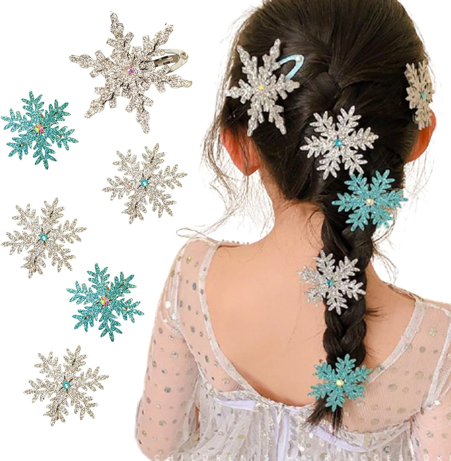 EWEIS 6 Pack Snowflake Hair Clips, Glitter Snowflake Hair Accessories for Girls,Princess Snow Flake Hair Clips&Accessories, Holiday Hair Bows, Kids & Women&rsquo;S Hair Accessories Set image number 4