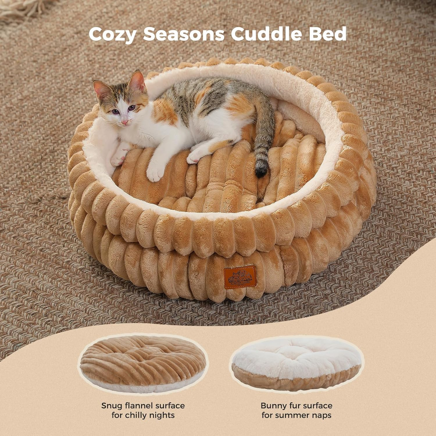 PAWZ Road Washable Cat Bed, Small Dogs, Round, Fluffy Cat Cushion, Cat Sleeping Place Bed, Cat Basket, Brown, 51 X 51 X 20 Cm image number 6