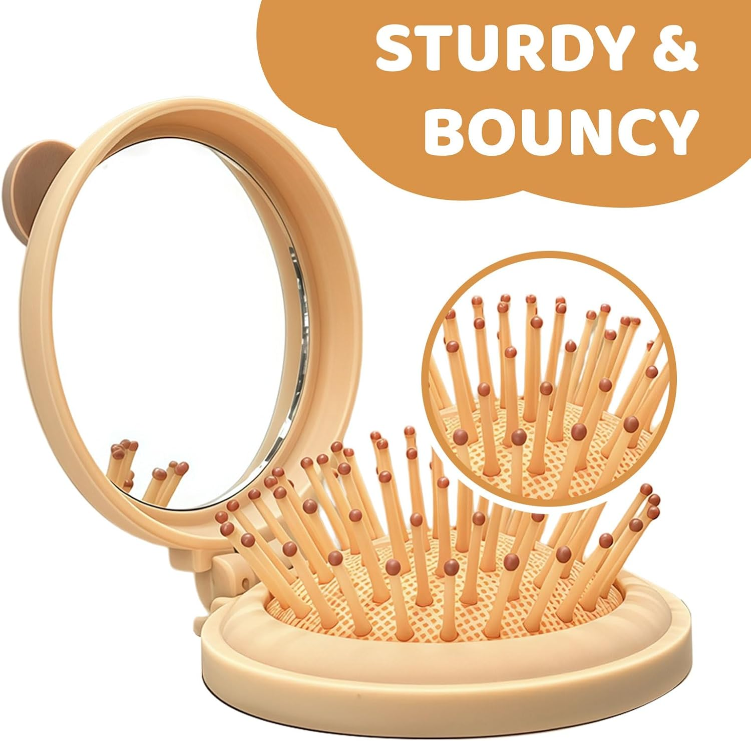 Muorruo Mini Travel Hairbrush for Kids, round Folding Mirror and Small Hairbrush for Boys and Girls, Baby Detangling Brush, Massage Hairbrush with Air Cushion for Thick Hair (Beige) image number 4