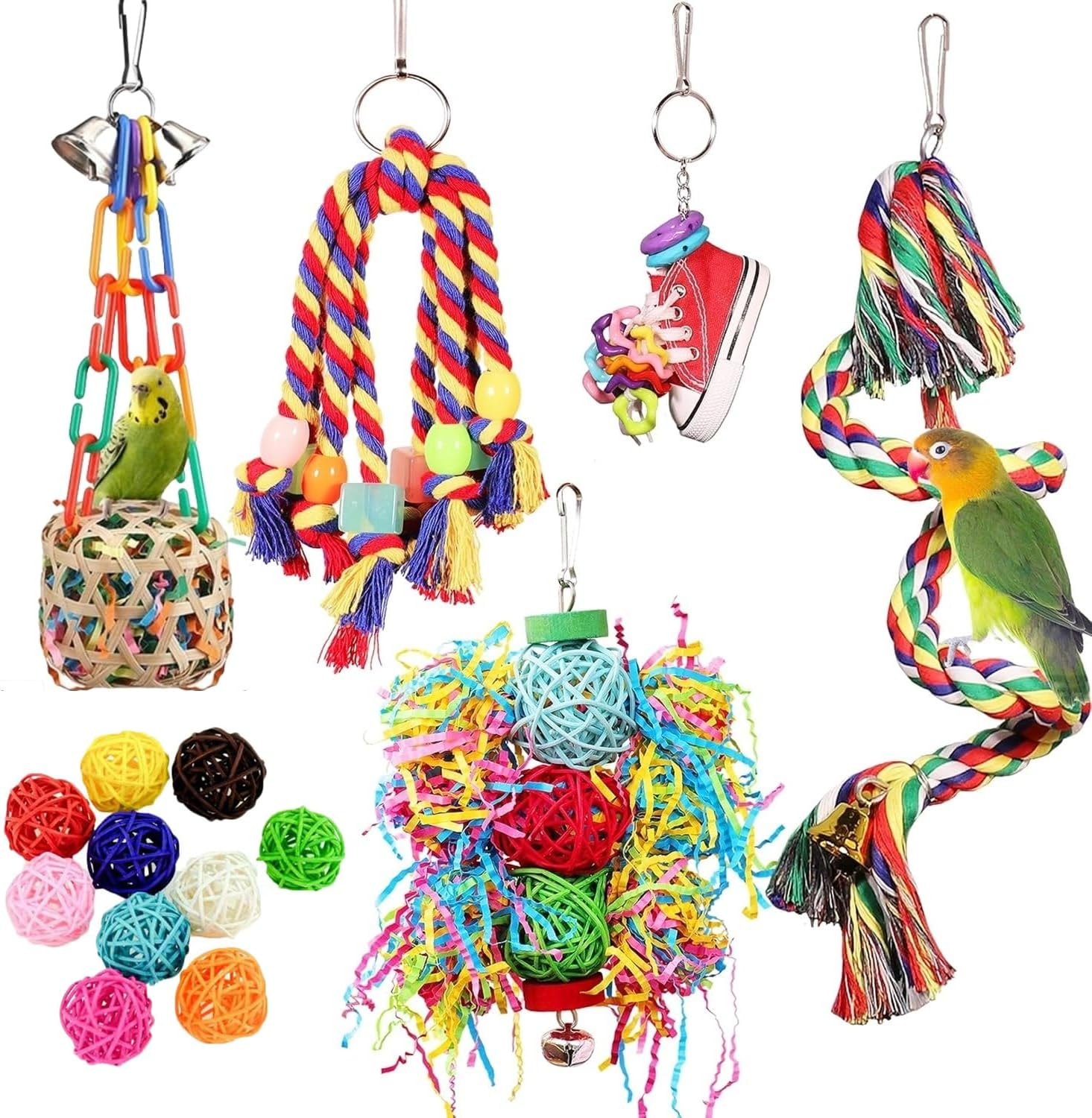 Bird Toys Set,Parrot Colorful Chewing Shredding Foraging Toys Bird Swing Climbing Hanging Standing Toy Birds Cage Accessories for Cockatiel Budgies Lovebird Parakeets Macaws
