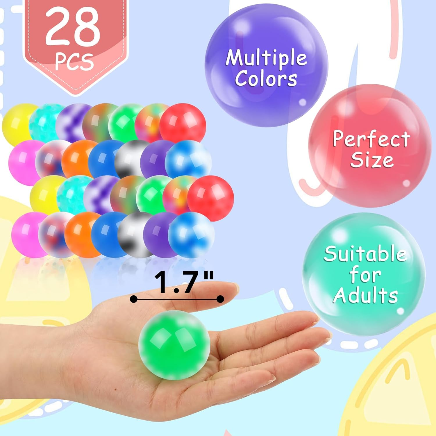 28 Pack Squishy Ball, Fidget Ball, Stress Balls Bulk for Adults, Anxiety and Stress Relief Ball for Adults, Stress Ball for Birthday Gift, Party Favors, Goodie Bag Stuffers image number 5