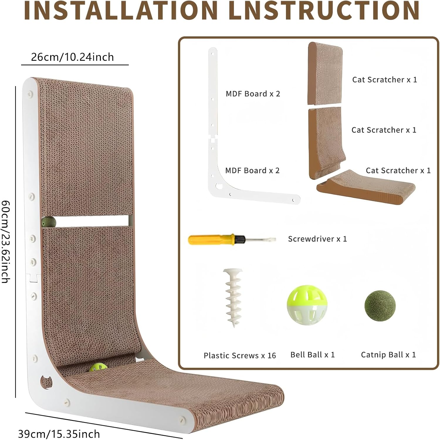 Cat Scratcher, Vertical Cat Scratching Board, 23.6 Inch/60 Cm L-Shape Cat Scratch Pads, Wall-Mount Cat Scratchers for Indoor Cats, with Built-In Catnip Toy Balls, Suitable for Large and Small Cats image number 2